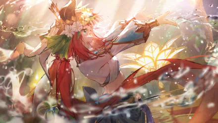 4K Ultra HD PC desktop wallpaper featuring Nilou from Genshin Impact, captured in a dynamic pose with vibrant colors and glowing floral elements.