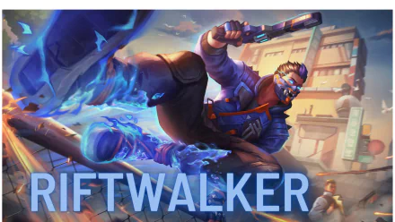 HD desktop wallpaper featuring Yoru from the video game Valorant, showcasing his dynamic pose and signature blue energy effects in an urban setting.