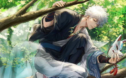 Gintoki Sakata, Anime (Gintama), perched on a sunlit tree branch holding a fox mask with a serene forest backdrop — 4K Ultra HD PC desktop wallpaper and background.
