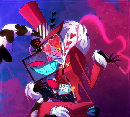 HD PC desktop wallpaper featuring Valentino from the TV show Hazbin Hotel, showcasing his signature vibrant and edgy style against a vivid, colorful background.