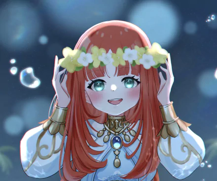 HD PC desktop wallpaper of Nilou from the video game Genshin Impact, featuring her smiling with a flower crown against a soft, glowing background.