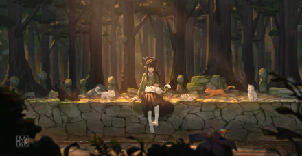 Anime girl sitting on a stone wall surrounded by cats in a forest, depicted in detailed 4K Ultra HD PC desktop wallpaper style.