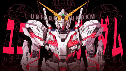 4K Ultra HD desktop wallpaper featuring Unicorn Gundam in detailed white and red armor with glowing yellow antennae against a dark, schematic-style background.