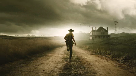 HD desktop wallpaper featuring Rick Grimes (Andrew Lincoln) from The Walking Dead, walking down a dirt road towards a farmhouse under a cloudy sky.
