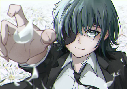 Himeno (Chainsaw Man) anime HD PC desktop wallpaper: eyepatch-wearing Himeno in a suit and tie reaches toward the viewer among white lilies, confident half-smile and soft, moody lighting.