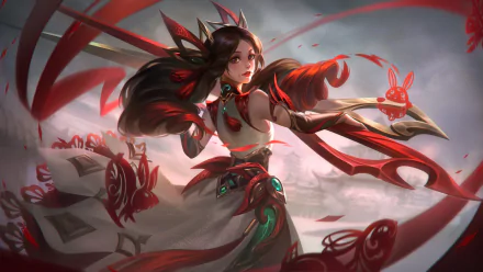 HD PC desktop wallpaper/background of Gwen (League of Legends), video game artwork of her in flowing red-and-white robes wielding scissors-like blades amid swirling ribbons.