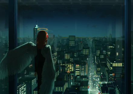 HD desktop wallpaper featuring Angel Devil from Chainsaw Man, standing in front of a nighttime cityscape, wings spread and halo glowing.