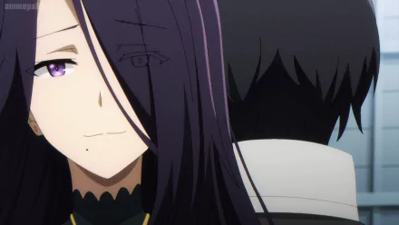 HD PC desktop wallpaper featuring Aurora from the anime The Eminence in Shadow, showcasing her calm expression and distinctive dark purple hair.