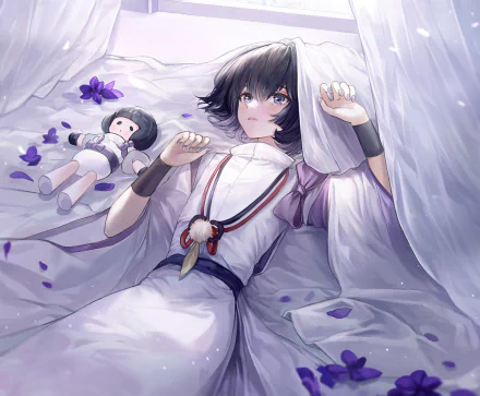 HD desktop wallpaper featuring Scaramouche from the video game Genshin Impact, lying on a bed surrounded by purple petals and a doll.