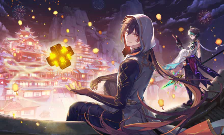 HD PC desktop wallpaper featuring Xiao and Zhongli (Rex Lapis) from the video game Genshin Impact overlooking a glowing, lantern-lit cityscape at night.