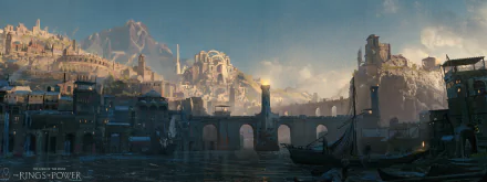 HD PC desktop wallpaper of a misty coastal city and arched bridge at sunrise from the TV show The Lord of the Rings: The Rings of Power.