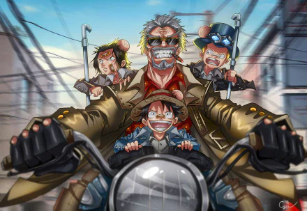 HD desktop wallpaper featuring Monkey D. Luffy, Sabo, Monkey D. Garp, and Portgas D. Ace from the anime One Piece riding a motorcycle together.