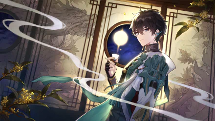 HD desktop wallpaper featuring the character Dan Heng from the video game Honkai: Star Rail. The artwork displays Dan Heng holding a cup, with a mystical backdrop and decorative elements.