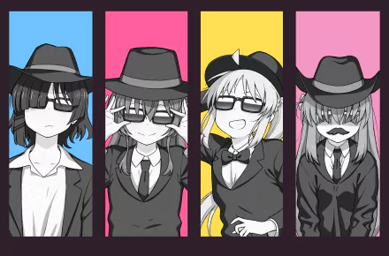 HD PC desktop wallpaper featuring Hitori Gotou, Nijika Ijichi, Ikuyo Kita, and Ryou Yamada from the anime Bocchi the Rock! in black suits and hats.