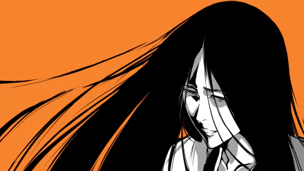 HD PC desktop wallpaper featuring Unohana Retsu from Bleach: Thousand-Year Blood War with flowing black hair against an orange background.