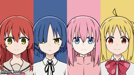 4K Ultra HD anime wallpaper featuring Nijika Ijichi, Hitori Gotou, Ryou Yamada, and Ikuyo Kita from Bocchi the Rock! against colorful vertical panels.
