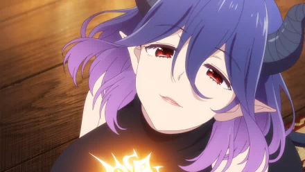 Close-up of Vermeil (Kinsou no Vermeil) reclining on a wooden floor, horned with purple-to-lilac hair, red eyes and a glowing sigil on her chest — HD PC desktop wallpaper/background.