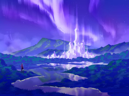 Fantasy castle rises beneath a purple aurora over reflective lakes and distant mountains; a lone figure watches from a grassy shore — HD PC desktop wallpaper and background.