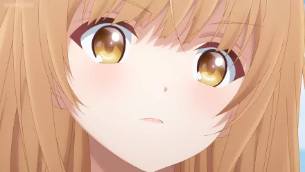 Close-up HD anime wallpaper of Mahiru Shiina from The Angel Next Door Spoils Me Rotten, featuring detailed golden eyes and soft blonde hair.
