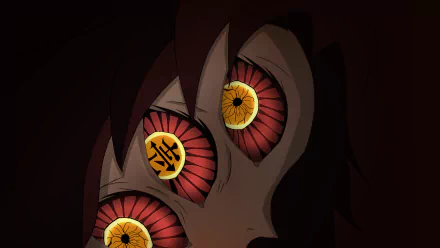 Close-up image of Kokushibo's multiple vivid red and yellow eyes from the anime Demon Slayer: Kimetsu no Yaiba, featured as an HD PC desktop wallpaper.