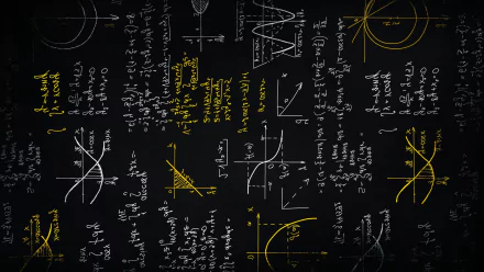 HD PC desktop wallpaper featuring handwritten physics and chemistry formulas and graphs in white and yellow on a black background, blending technology and science themes.