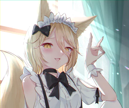 HD anime desktop wallpaper featuring Tsukasa Kudamaki from Touhou, depicted with fox ears, blonde hair, and a maid outfit with bows in a softly lit room.