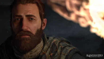 HD desktop wallpaper featuring a bearded character from Banishers: Ghosts of New Eden with a blurred ethereal figure in the background.