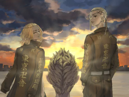 HD anime wallpaper featuring Tokyo Revengers characters Ken Ryuguji and Mikey Manjiro Sano standing with a sunset cityscape in the background.