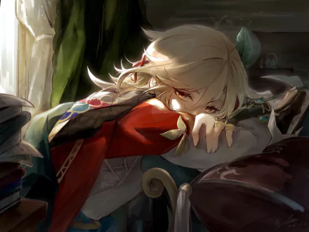 HD PC desktop wallpaper featuring Kaveh from the video game Genshin Impact, depicted with soft lighting and detailed artwork in a relaxed indoor setting.