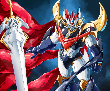 HD PC desktop wallpaper featuring Mazin Emperor G from the Mazinger Z anime, showcasing a dynamic pose with a large sword and flowing red cape against a dramatic sky.