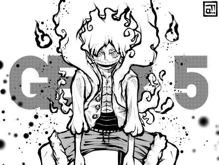 Black and white 4K Ultra HD anime wallpaper featuring Monkey D. Luffy in Gear 5 form from One Piece, surrounded by dynamic flames and bold G5 text in the background.