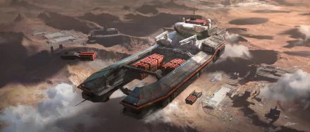 HD desktop wallpaper featuring a large, rugged spaceship landing on a dusty, alien terrain, surrounded by smaller structures, in a sci-fi themed setting.