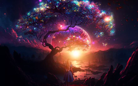 A fantasy landscape HD wallpaper of a glowing tree illuminated by vibrant light, with a girl gazing at a colorful planet during a radiant sunset.