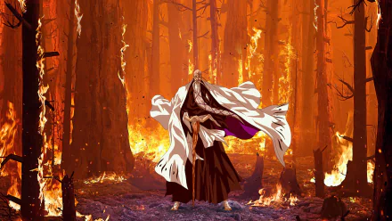 HD anime desktop wallpaper of Genryūsai Shigekuni Yamamoto from Bleach, standing amid a fiery forest, symbolizing his power as captain of Gotei 13's 1st Division.