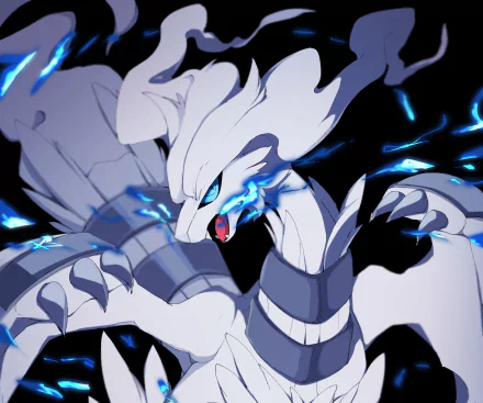 HD PC desktop wallpaper featuring Reshiram, the iconic Pokémon from the video game Pokémon Black and White, surrounded by blue electric sparks.