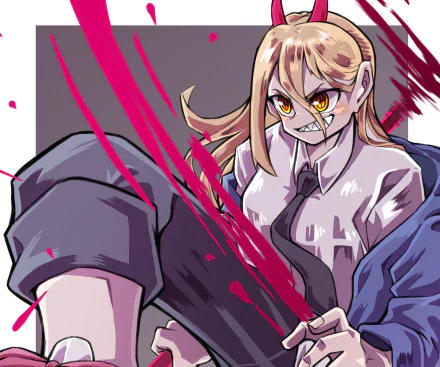 HD PC desktop wallpaper of an intense anime character from Chainsaw Man with sharp eyes and dynamic red slashes across the image.