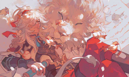 4K Ultra HD PC wallpaper of Jing Yuan from the video game Honkai: Star Rail, featuring a serene scene with the character surrounded by small birds and a large lion-like creature.