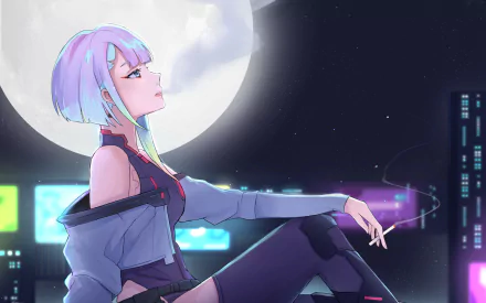HD PC desktop wallpaper featuring Lucy from Cyberpunk: Edgerunners in an anime style, set against a glowing full moon and futuristic cityscape background.