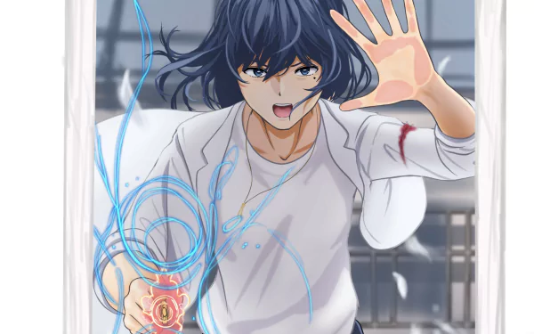 Souta Munakata (Suzume no Tojimari) anime HD desktop wallpaper — intense pose with outstretched hand, glowing sigil, torn sleeve and blue energy swirls.