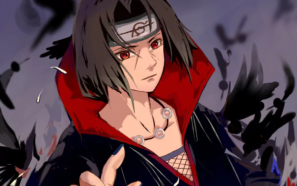 4K Ultra HD PC desktop wallpaper featuring Itachi Uchiha from the anime Naruto, showcasing his iconic red eyes and dark attire with a dramatic smoky background.