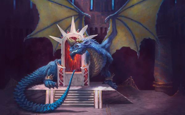 HD desktop wallpaper depicting a majestic blue dragon with expansive wings, seated on a throne in a dark, mystical castle.