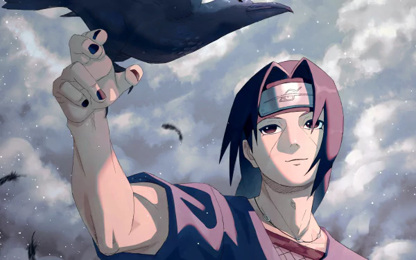 HD anime desktop wallpaper of Itachi Uchiha from Naruto, featuring him reaching out with a crow against a cloudy sky background.
