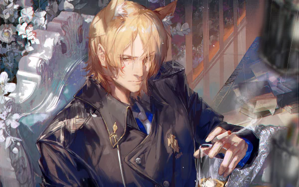 HD PC wallpaper of Młynar from the video game Arknights: blond, fox-eared operator in a dark coat, seated in an ornate chair, pouring a drink amid moody, floral-lit surroundings.
