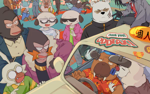 Anime Odd Taxi 2K Quad HD PC desktop wallpaper: anthropomorphic cast gathered around a taxi driven by a walrus-like cabbie, colorful neon city backdrop with a playful noir vibe.