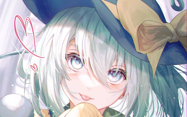 Koishi Komeiji (Touhou) pastel close-up: white-haired girl in a wide hat with bow, soft blush and heart doodle — 2K Quad HD PC desktop wallpaper background.
