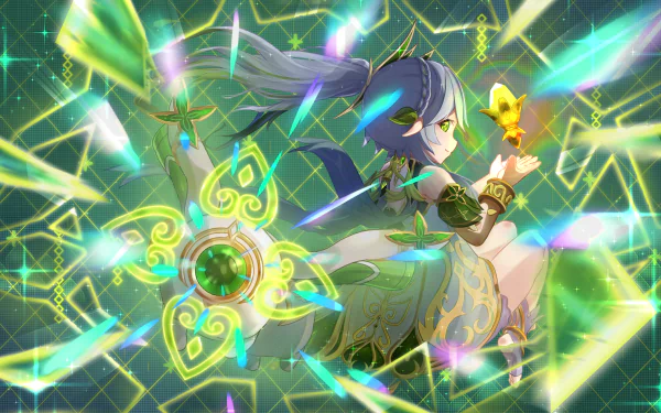 4K Ultra HD PC wallpaper featuring Nahida from the video game Genshin Impact, surrounded by glowing green and gold magical symbols.