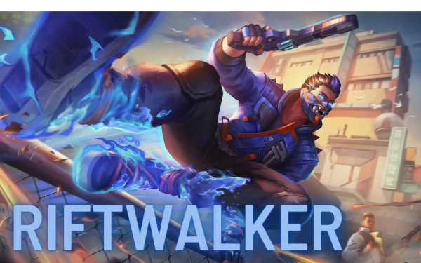 HD desktop wallpaper featuring Yoru from the video game Valorant, showcasing his dynamic pose and signature blue energy effects in an urban setting.