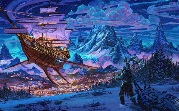 HD PC desktop wallpaper featuring a scene from the TV show The Legend of Vox Machina, showcasing a flying ship over a snowy mountain and a traveler in the foreground.