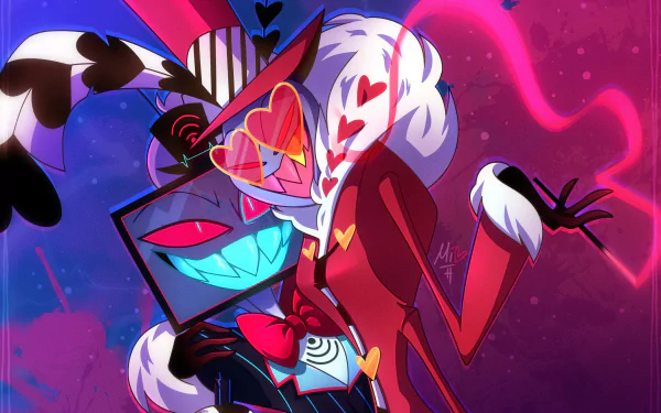 HD PC desktop wallpaper featuring Valentino from the TV show Hazbin Hotel, showcasing his signature vibrant and edgy style against a vivid, colorful background.