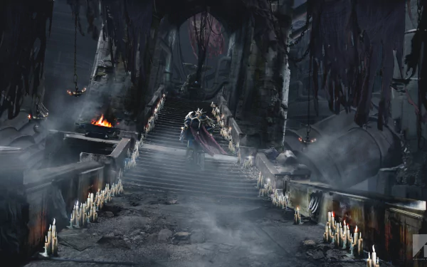 4K Ultra HD Warhammer 40k video game wallpaper showing a dark, eerie temple entrance lined with candles and shrouded in mist.